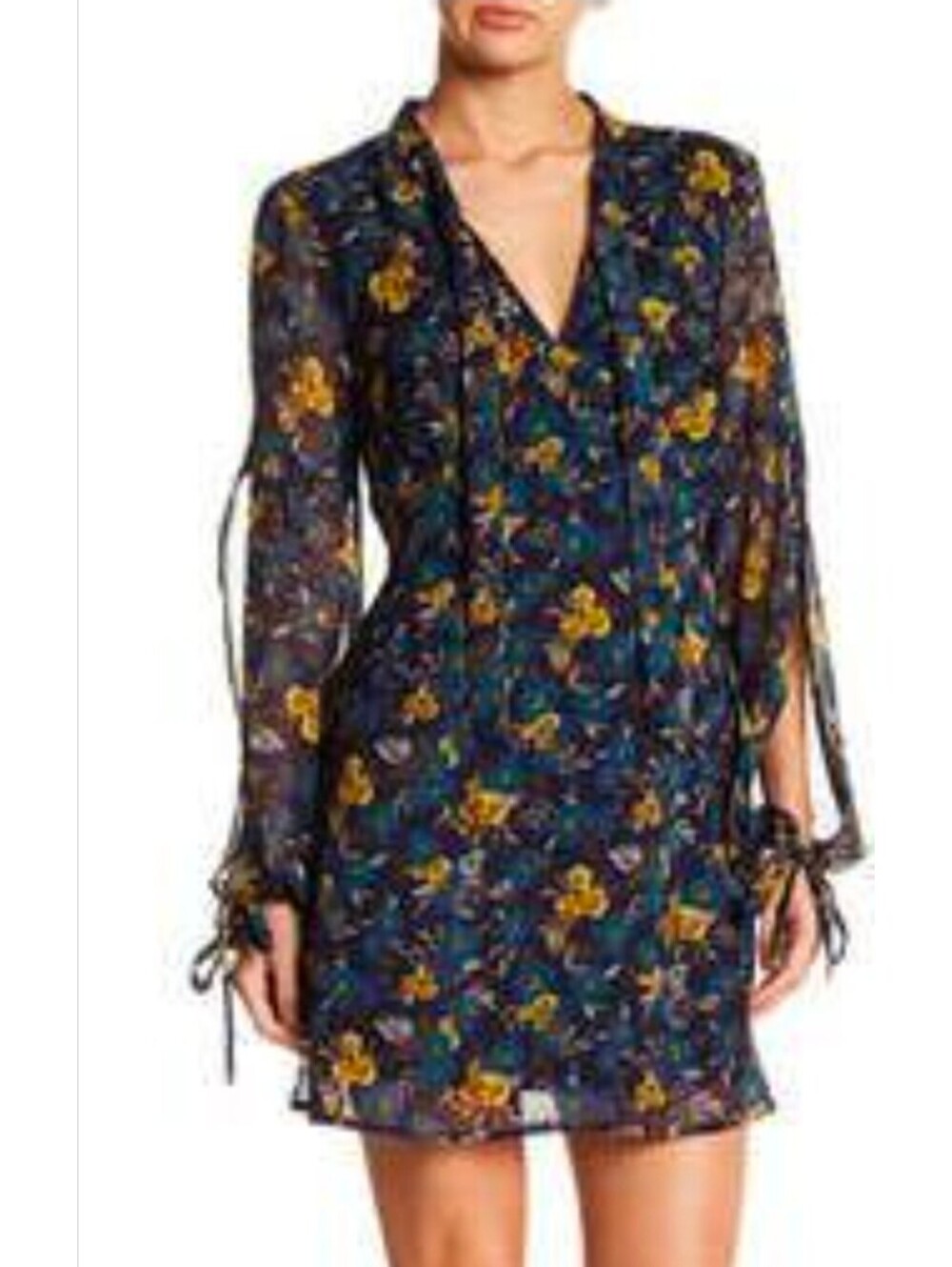 Anthropologie Band of Gypsies Floral Navy Tie Neck Blouse